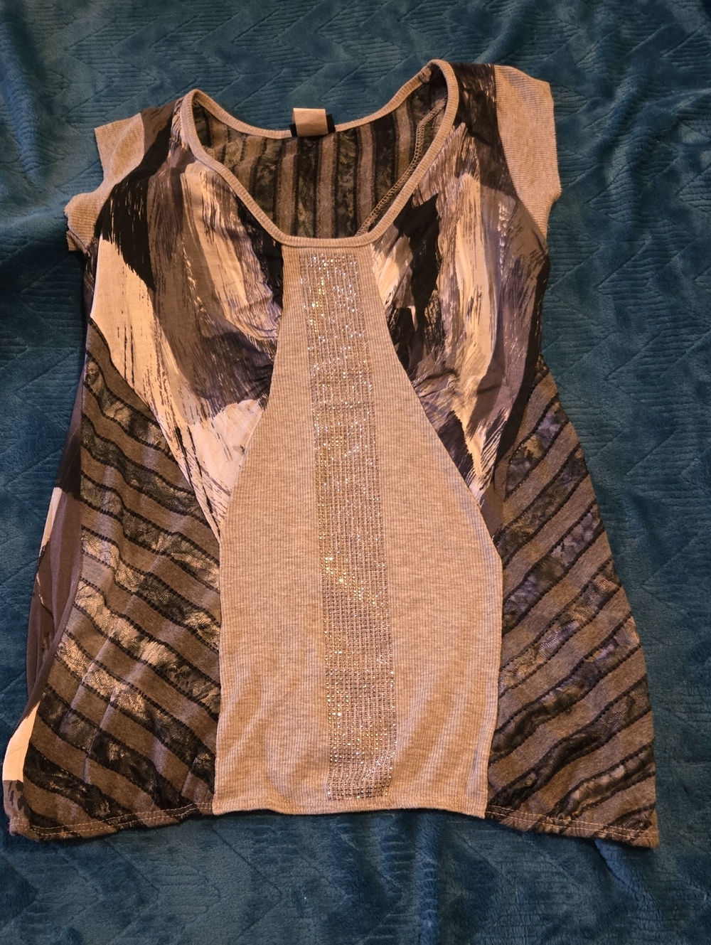 Daytrip Gray and Black Mixed-Panel Tank with Center Rhinestones
